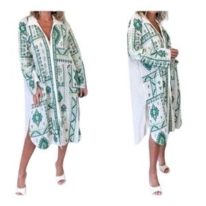 Zara White Green Embroidered Tunic Collared Shirt Dress Boho Cover Up size XL